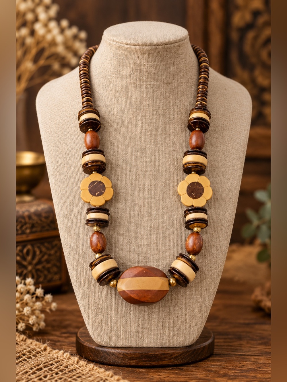 Vintage Boho Natural Materials Statement Necklace • Wood Coconut Floral Hippie